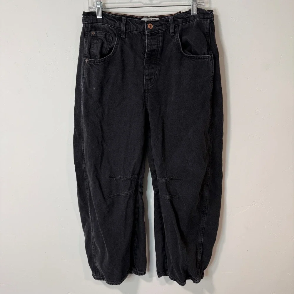 Free People We The Free Lucky You Barrel Jeans 29 Black Mid Rise Button Fly - Picture 1 of 9